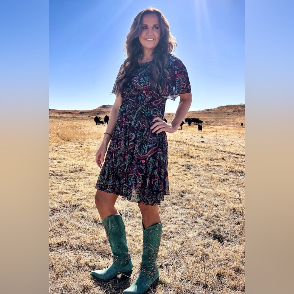 Paisley Short Sleeve Fit & Flare Dress in Black and Teal
